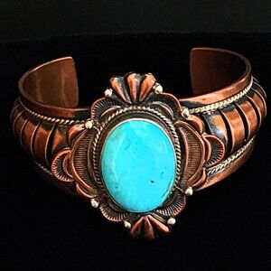 Vintage 70s Navajo Running Bear Southwestern Copper 925 Turquoise Cuff Bracelet
